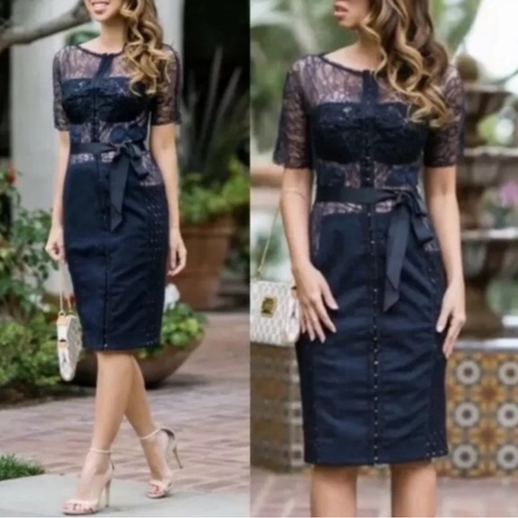 ANTHROPOLOGIE Byron Lars Beguile Navy Carissima Floral Lace Sheath Dress 0 - Picture 3 of 6